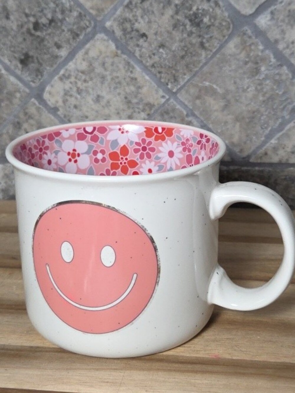 Happy Face Mug Cup 20oz Ceramic Bright Pink Tones Colorful Floral Inside